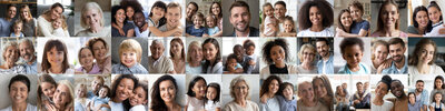 Collage of people. Mostly females with one or more people (family) smiling.