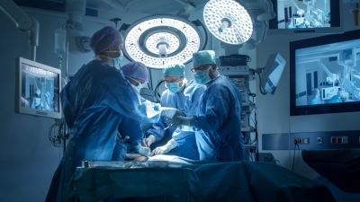 A group of 4 doctors standing in an operating room over a patient on the operating table